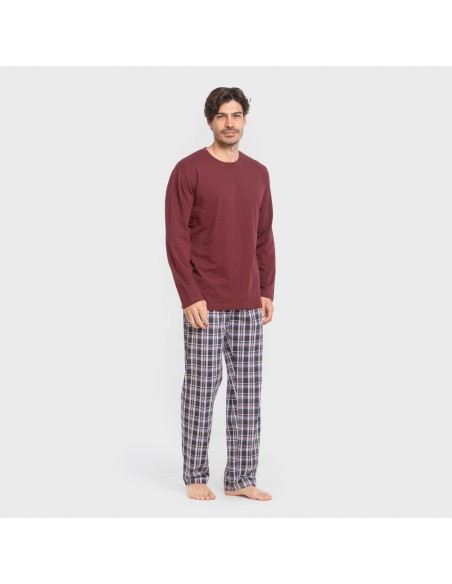 Pijama largo algodón hombre Cuadro Edison burdeos