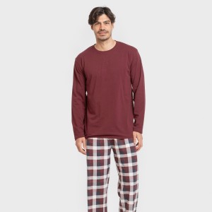 Pijama largo algodón hombre Cuadro Ferni burdeos