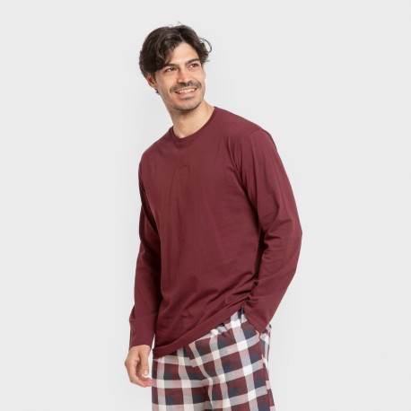 Pijama largo algodón hombre Cuadro Ferni burdeos