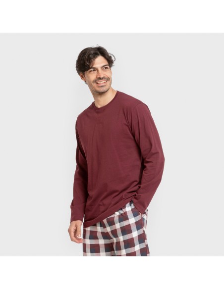 Pijama largo algodón hombre Cuadro Ferni burdeos
