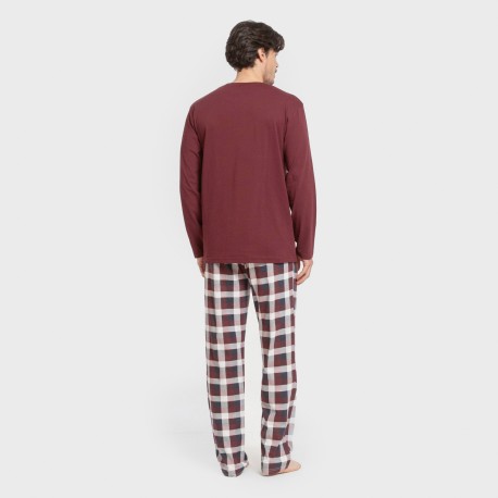 Pijama largo algodón hombre Cuadro Ferni burdeos