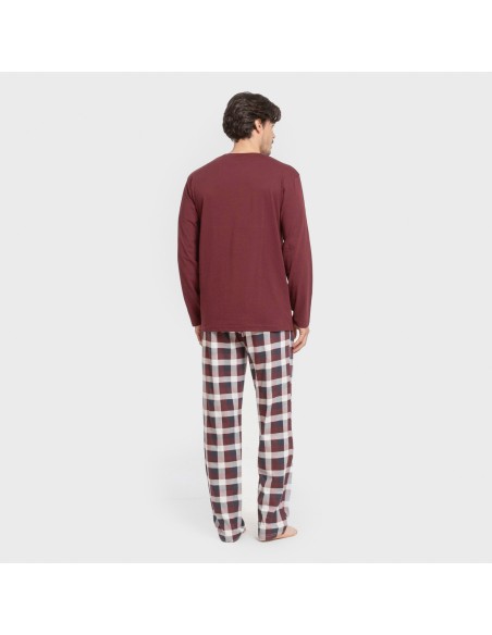 Pijama largo algodón hombre Cuadro Ferni burdeos