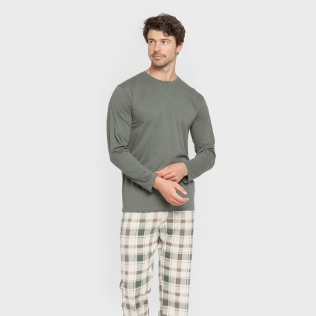 Pijama largo algodón hombre Cuadro Noric verde