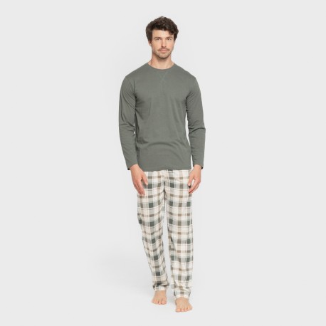 Pijama largo algodón hombre Cuadro Noric verde