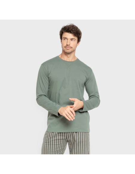 Pijama hombre franela Raya Marsellita verde - arena