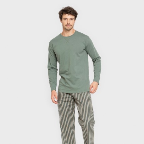 Pijama hombre franela Raya Marsellita verde - arena
