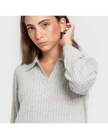 Vestido largo manga larga solapa 4x2 canalé mujer