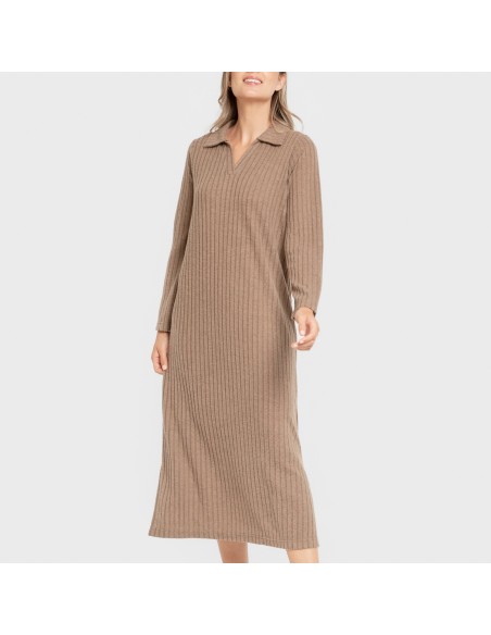 Vestido largo manga larga solapa 4x2 canalé mujer