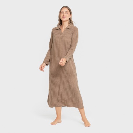 Vestido largo manga larga solapa 4x2 canalé mujer