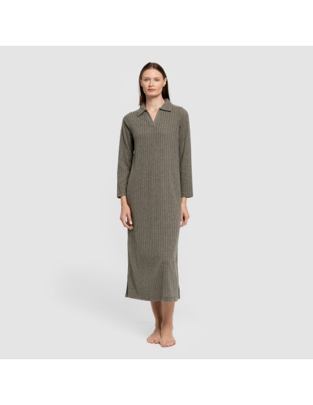 Vestido largo manga larga solapa 4x2 canalé mujer