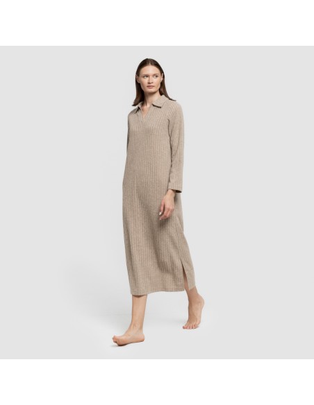 Vestido largo manga larga solapa 4x2 canalé mujer