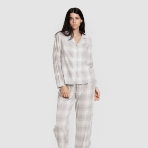 Pijama franela manga larga camisero mujer Cuadro Portland celeste 2