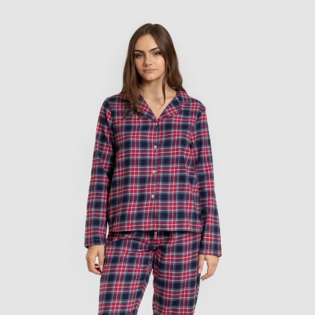 Pijama franela manga larga camisero mujer Cuadro Hemerito azul