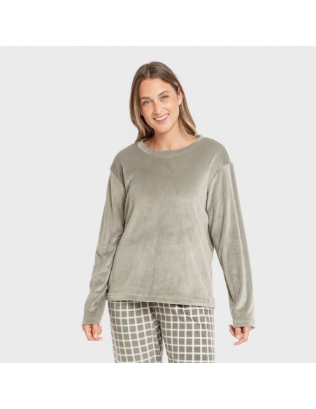 Pijama terciopelo super soft mujer Cuadro Roberto verde cacería