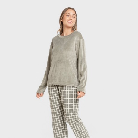 Pijama terciopelo super soft mujer Cuadro Roberto verde cacería