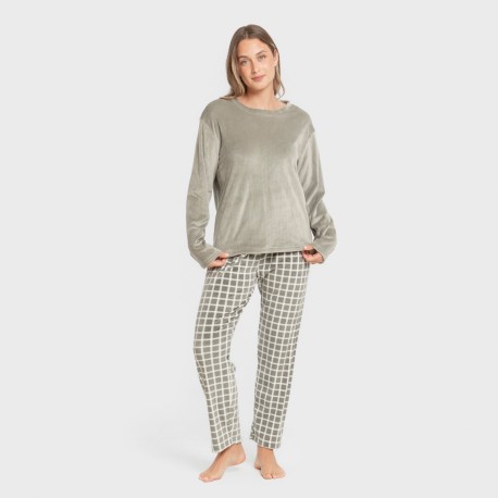 Pijama terciopelo super soft mujer Cuadro Roberto verde cacería