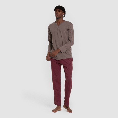 Pijama largo hombre con botones topo - burdeos