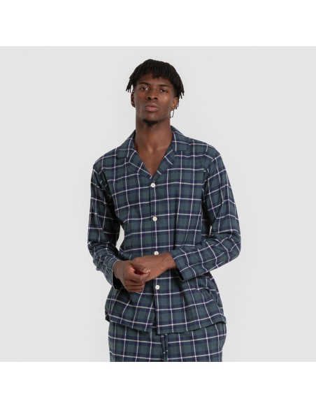 Pijama franela manga larga camisero hombre Cuadro Ruz verde