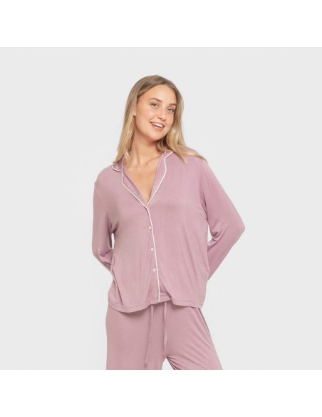 Pijama manga larga camisero viscosa punto mujer