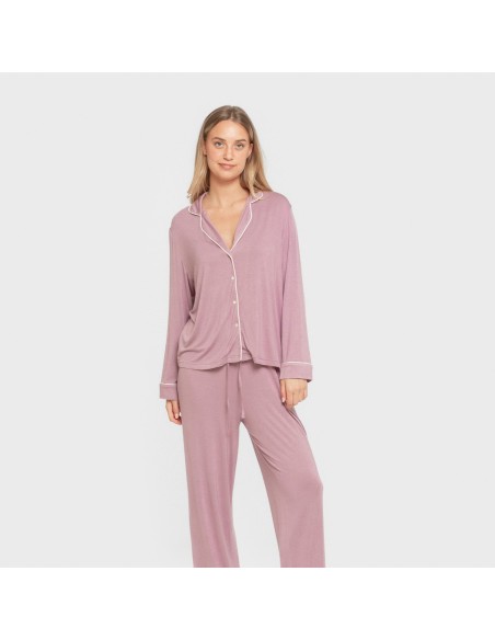 Pijama manga larga camisero viscosa punto mujer