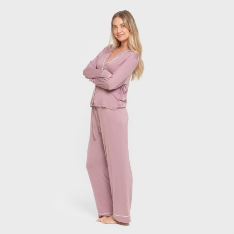 Pijama manga larga camisero viscosa punto mujer