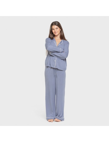 Pijama manga larga camisero viscosa punto mujer