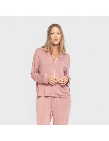 Pijama manga larga camisero viscosa punto mujer