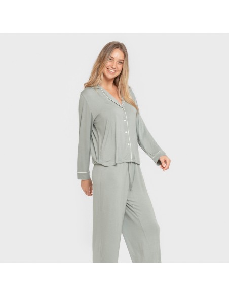 Pijama manga larga camisero viscosa punto mujer