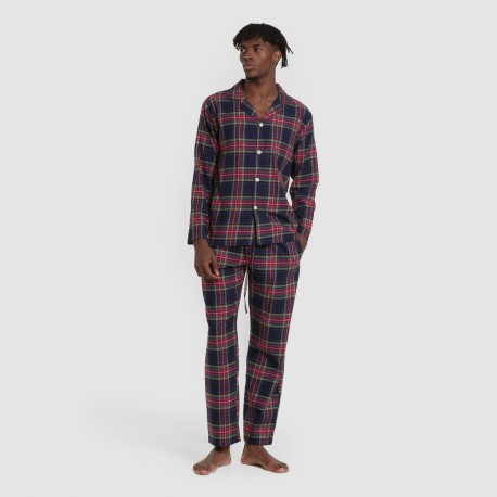 Pijama franela manga larga camisero hombre Cuadro Pluton azul