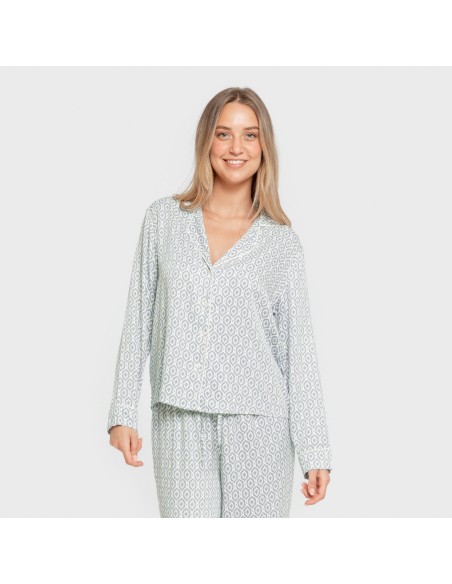 Pijama manga larga camisero viscosa mujer Orquidea agua marina