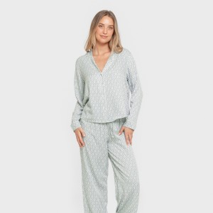 Pijama manga larga camisero viscosa mujer Orquidea agua marina 2