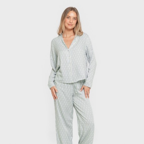 Pijama manga larga camisero viscosa mujer Orquidea agua marina
