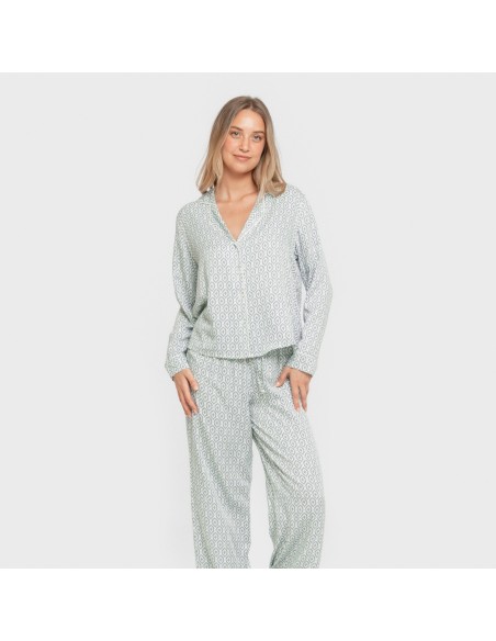 Pijama manga larga camisero viscosa mujer Orquidea agua marina