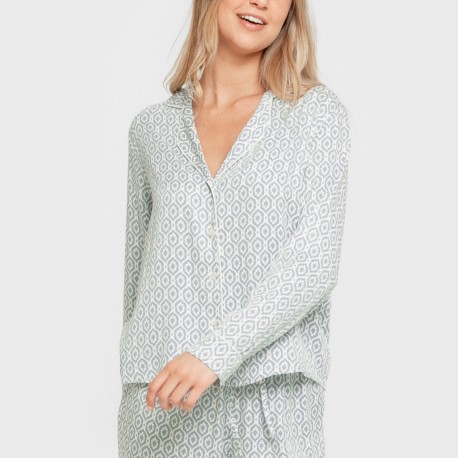 Pijama manga larga camisero viscosa mujer Orquidea agua marina