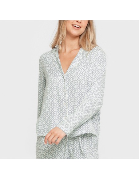 Pijama manga larga camisero viscosa mujer Orquidea agua marina