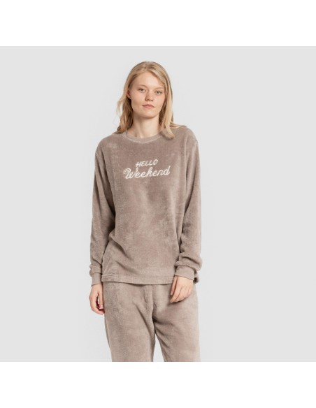 Pijama coral puño mujer Hello Weekend marrón Pijama coral puño mujer Hello Weekend marrón