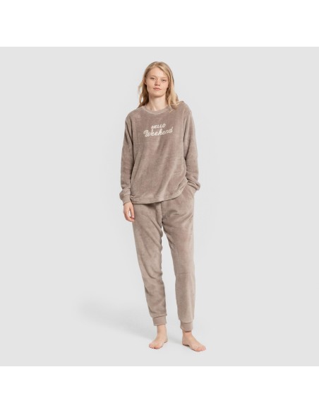 Pijama coral puño mujer Hello Weekend marrón Pijama coral puño mujer Hello Weekend marrón