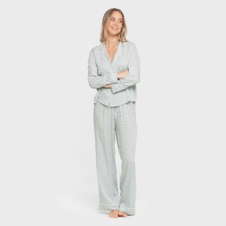 Pijama manga larga camisero viscosa mujer Orquidea agua marina