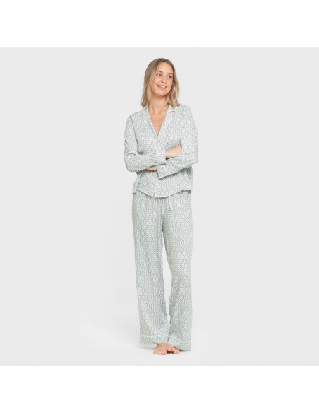 Pijama manga larga camisero viscosa mujer Orquidea agua marina