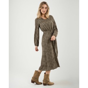 Vestido midi manga larga pico viscosa Dalias verde cacería