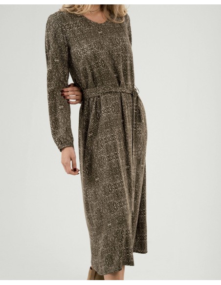 Vestido midi manga larga pico viscosa Dalias verde cacería