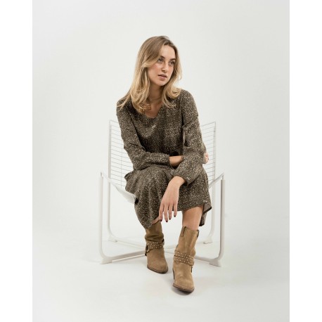 Vestido midi manga larga pico viscosa Dalias verde cacería