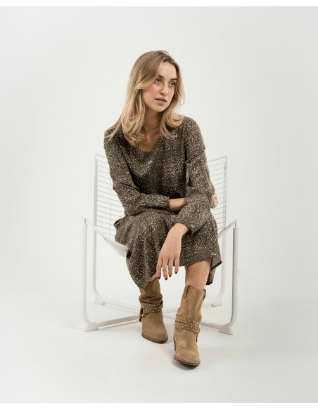 Vestido midi manga larga pico viscosa Dalias verde cacería