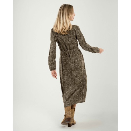 Vestido midi manga larga pico viscosa Dalias verde cacería