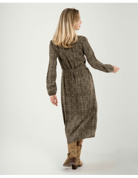 Vestido midi manga larga pico viscosa Dalias verde cacería