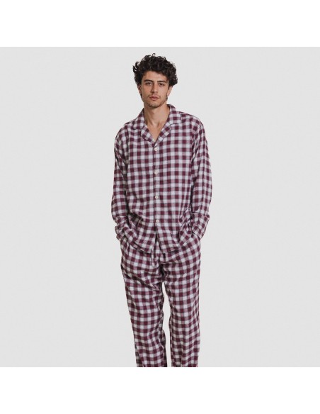 Pijama franela manga larga camisero hombre Cuadro Gustavo burdeos