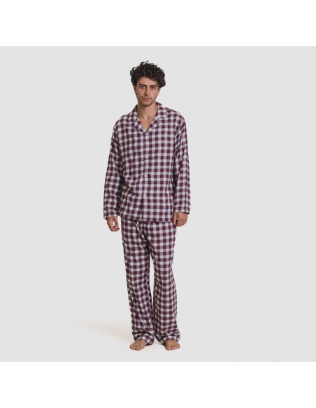 Pijama franela manga larga camisero hombre Cuadro Gustavo burdeos