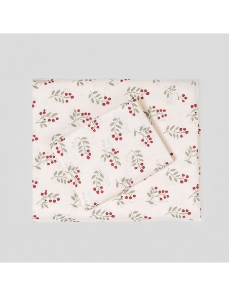 Juego de sábanas algodón Acebo verde seco - burdeos