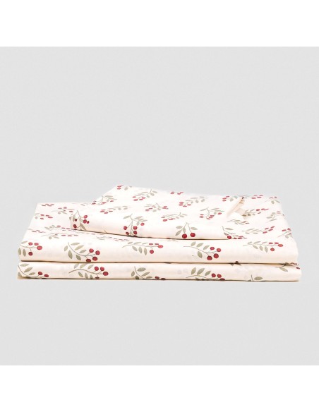 Juego de sábanas algodón Acebo verde seco - burdeos