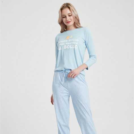 Pijama largo algodón Menos rollo celeste pijamas-mujer